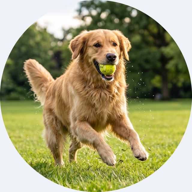 Cane che corre sul prato con una pallina in bocca